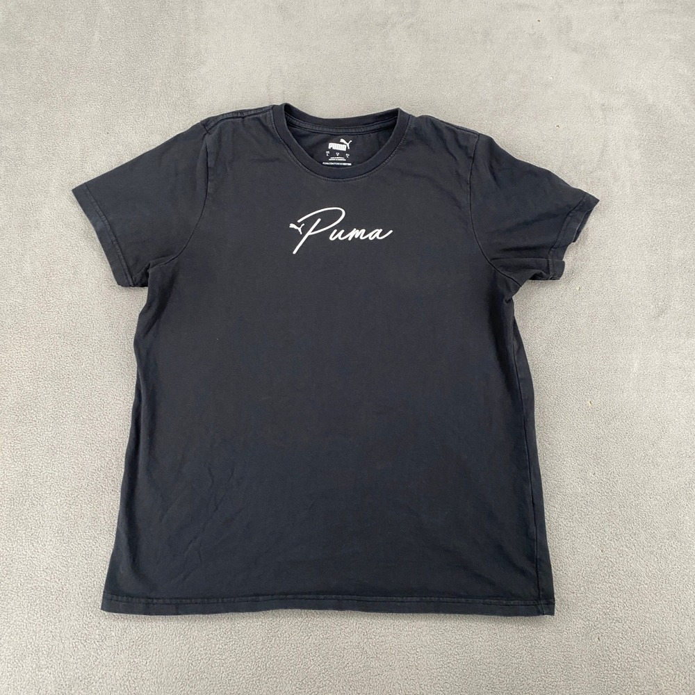 Puma Womens Graphic T-Shirt Black Script Logo Short Sleeve Size L 842667960